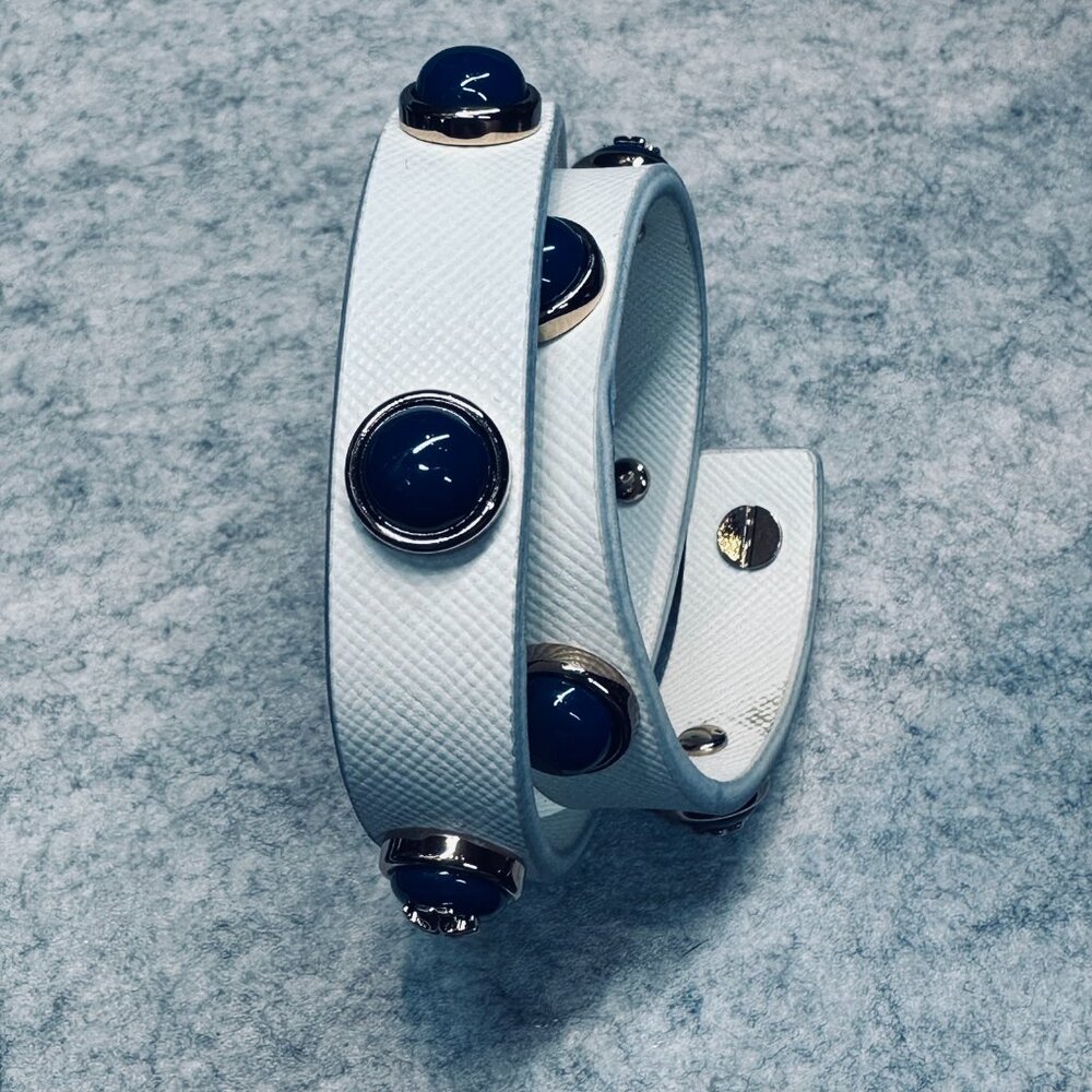 Tory Burch - Leather Double Wrap Blue Cabochon Logo Studded Bracelet - Picture 7 of 8